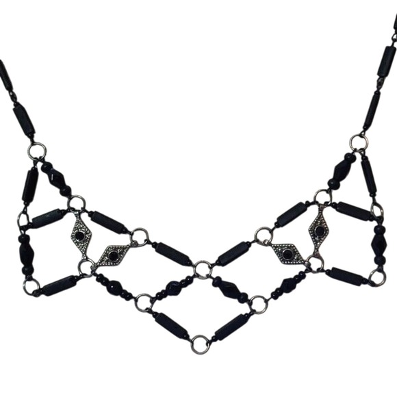 Matte Black Glass Beads and Gunmetal Gray Festoon 16" Necklace - Picture 2 of 3